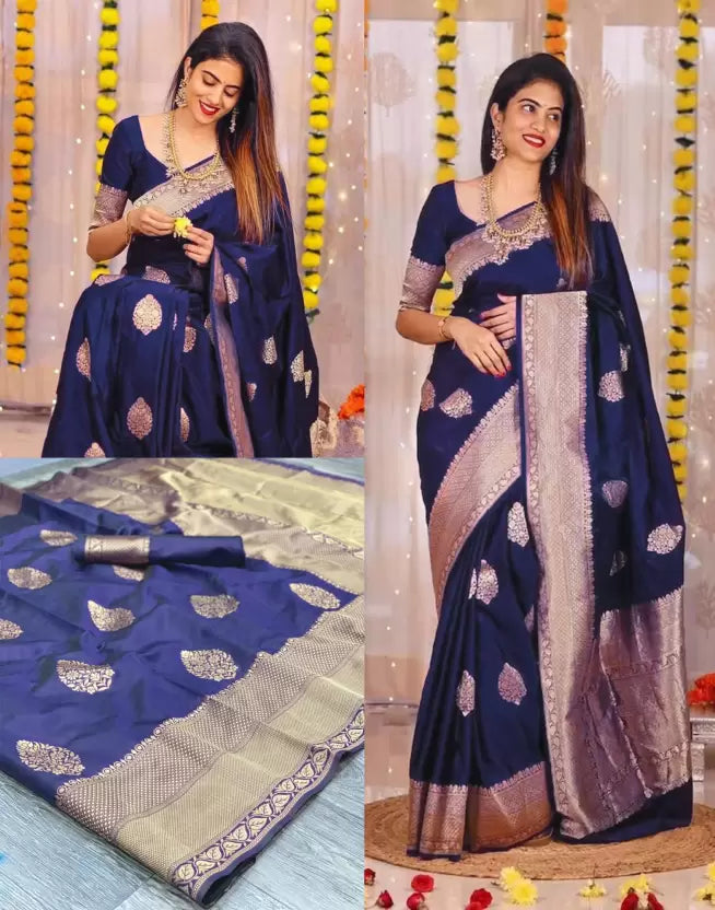 Dark Blue Zari Weaving Banarasi Silk by Icultuer