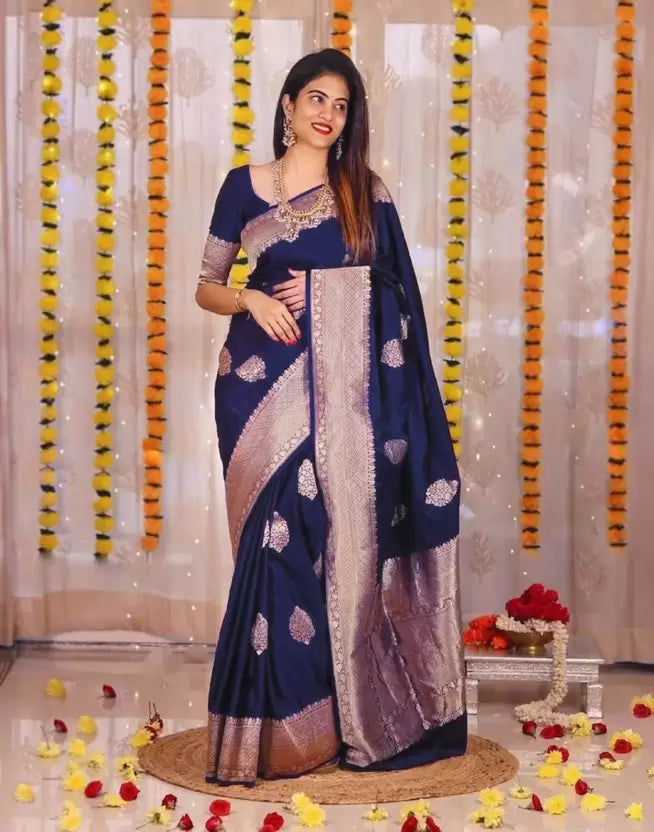 Dark Blue Zari Weaving Banarasi Silk by Icultuer