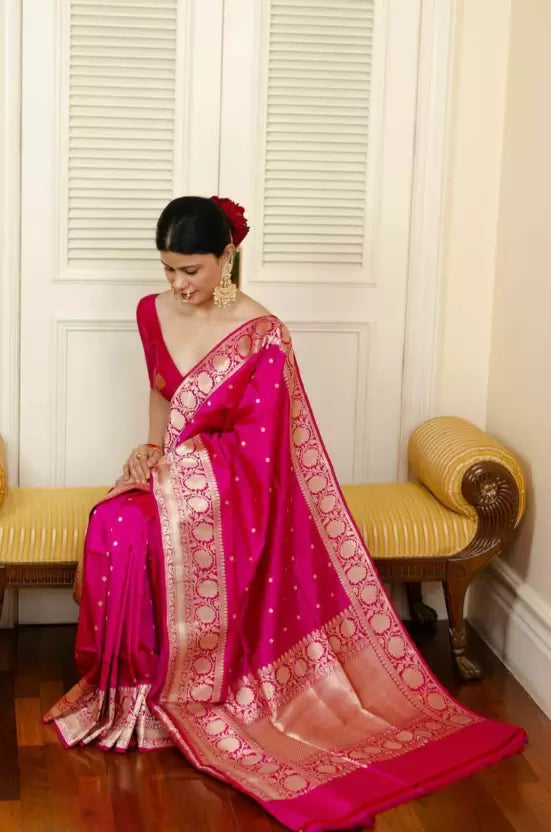 Enchanting Pink Kanjivaram Banarasi Soft Silk by Icultuer