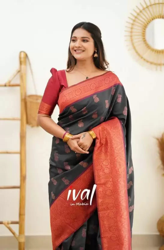 Black Zari Weaving Banarasi Soft Silk Blend by Icultuer