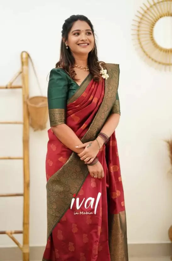 Red Banarasi Soft Silk Blend Jacquard by Icultuer
