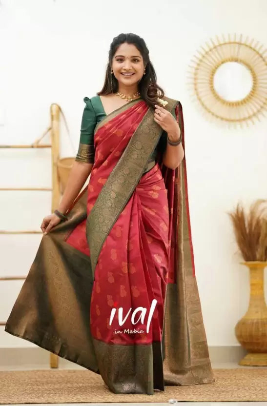 Red Banarasi Soft Silk Blend Jacquard by Icultuer