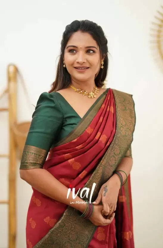 Red Banarasi Soft Silk Blend Jacquard by Icultuer