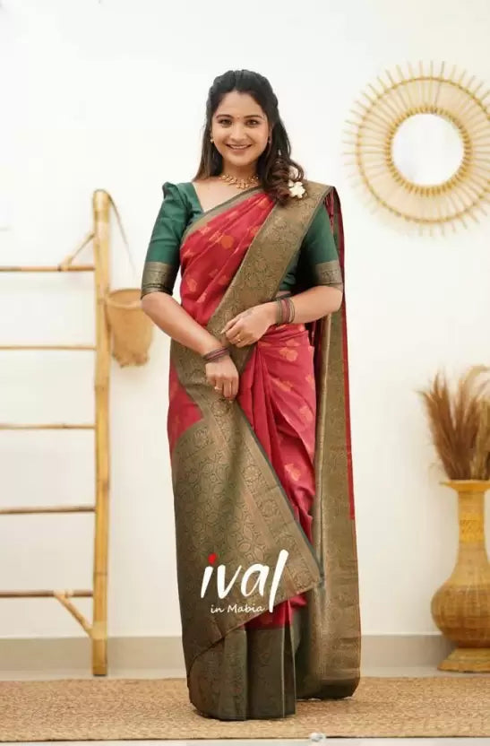 Red Banarasi Soft Silk Blend Jacquard by Icultuer