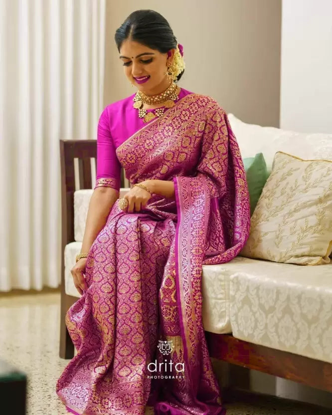 Enchanting Pink Kanjivaram Banarasi Soft Silk by Icultuer