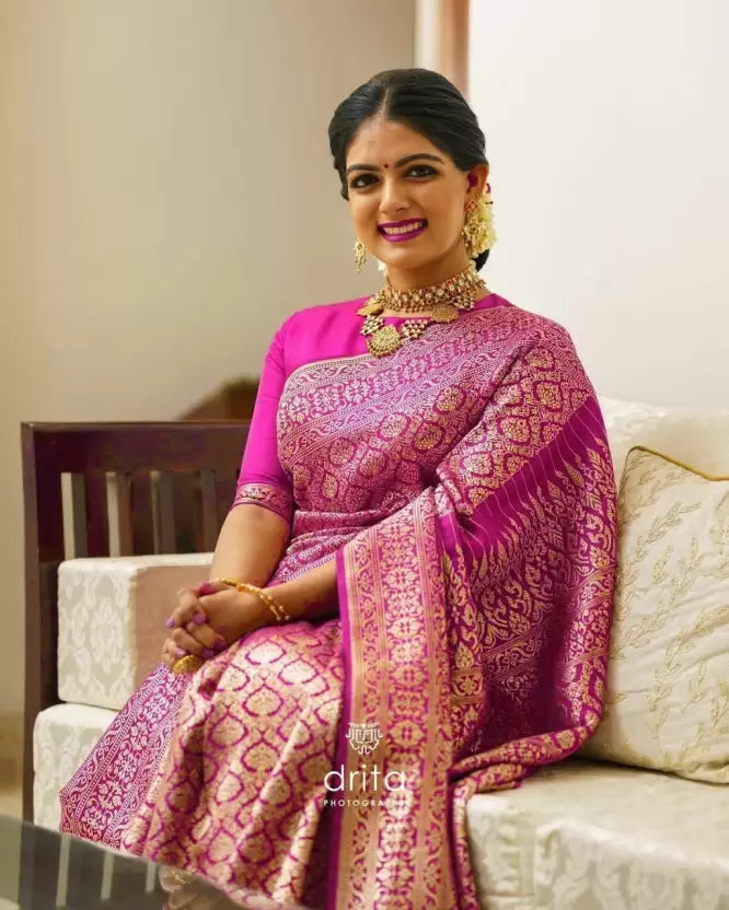 Enchanting Pink Kanjivaram Banarasi Soft Silk by Icultuer