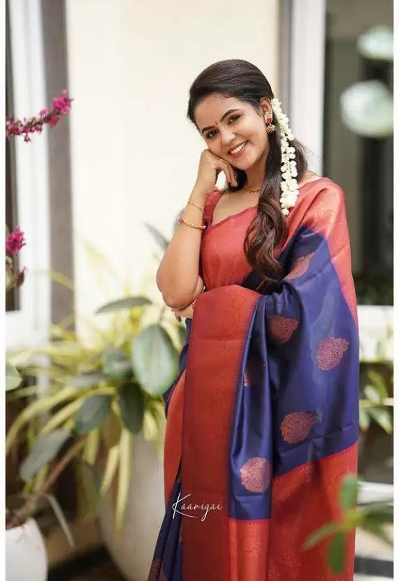 Blue & Maroon Jacquard Soft Lichi Silk Kanjivaram by Icultuer