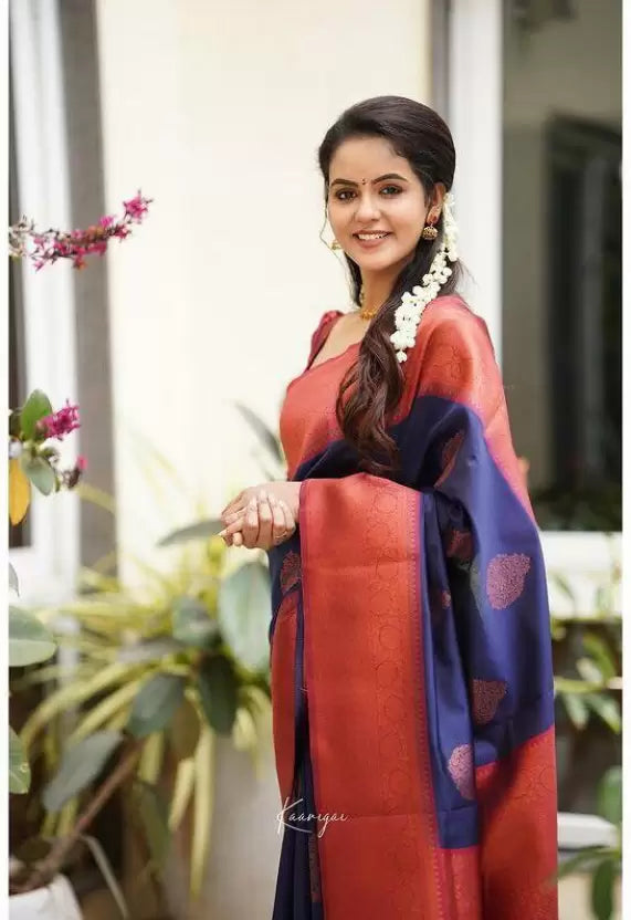 Blue & Maroon Jacquard Soft Lichi Silk Kanjivaram by Icultuer
