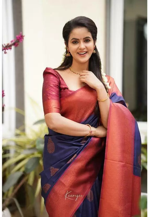 Blue & Maroon Jacquard Soft Lichi Silk Kanjivaram by Icultuer