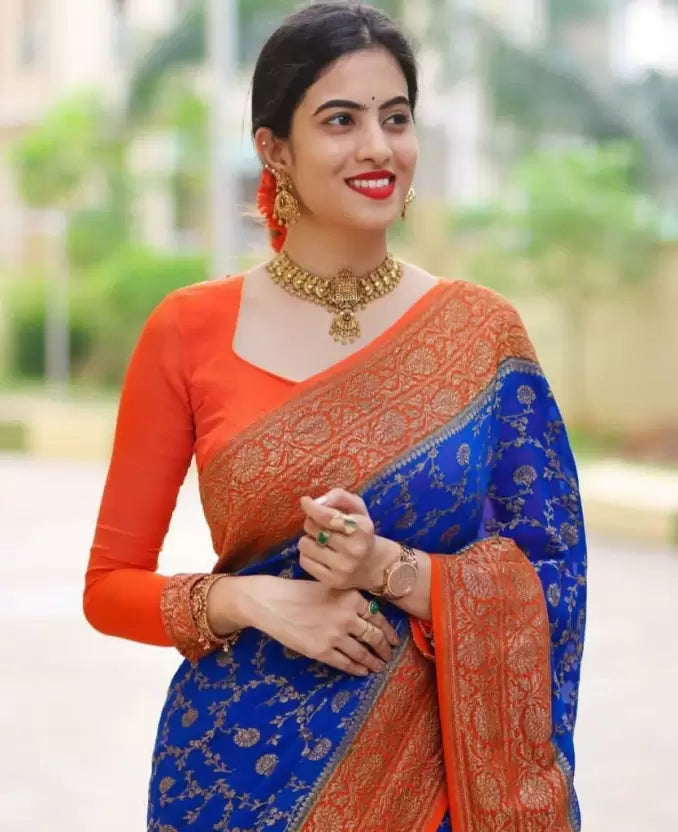 Blue Banarasi Soft Silk by Icultuer with Attractive Tassels