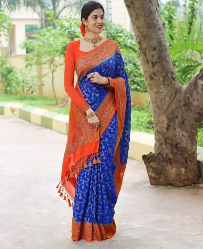Blue Banarasi Soft Silk by Icultuer with Attractive Tassels
