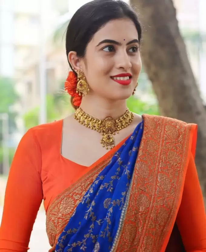 Blue Banarasi Soft Silk by Icultuer with Attractive Tassels