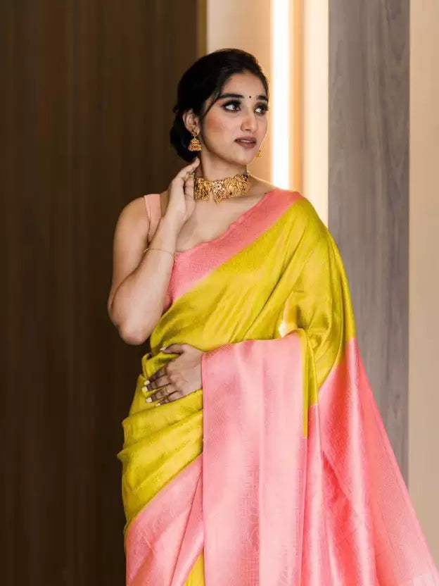 Yellow & Pink Woven Banarasi Soft Silk by Icultuer