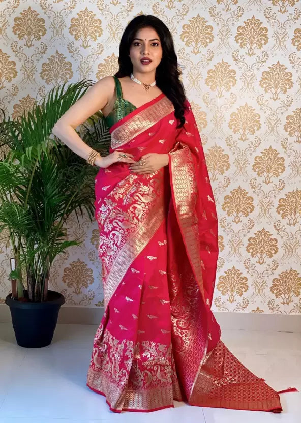 Banarasi Pure Silk Pink by Icultuer with Golden Zari Design