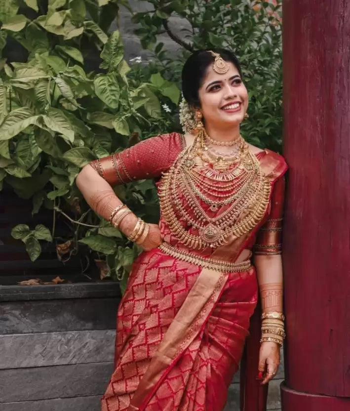 Red Zari Weaving Art Silk by Icultuer for Wedding