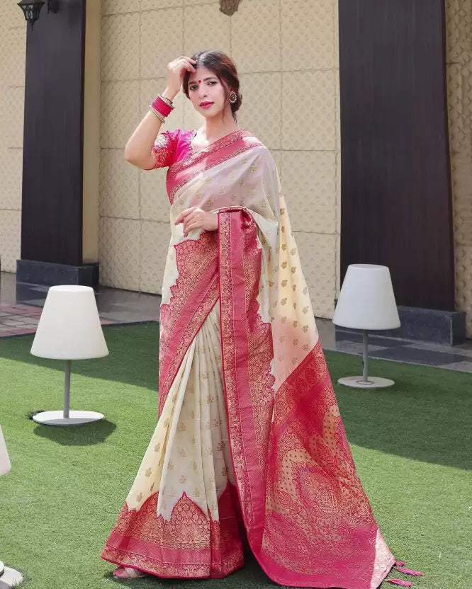 Pink Pure jacquard Silk by Icultuer with Attractive Tassels