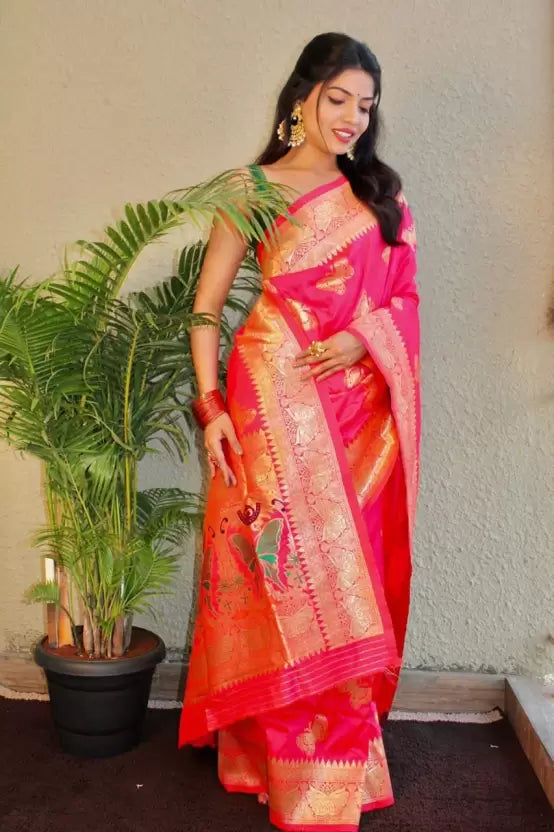 Pink Heavy Zari Weaving Pure Banarasi Silk by Icultuer