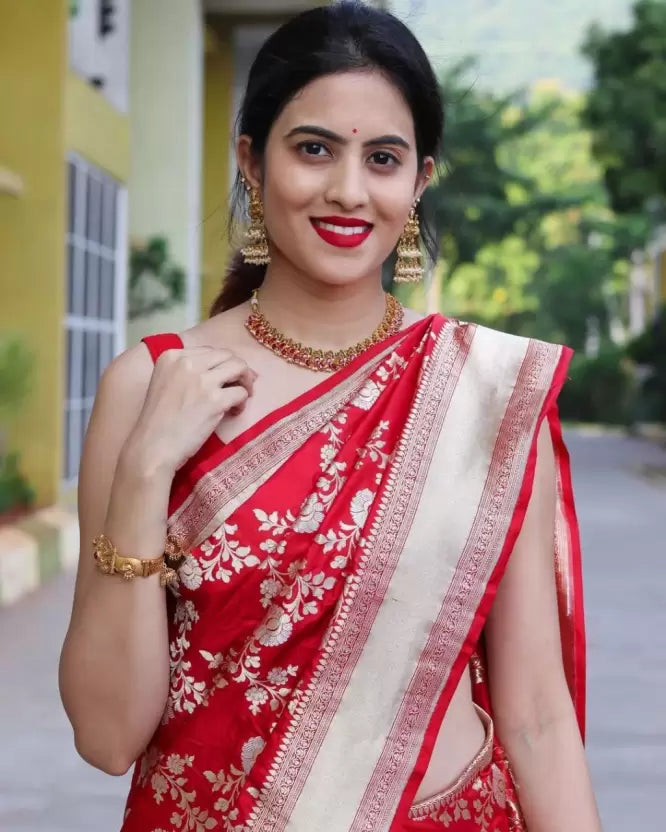 Red Heavy Zari Woven Banarasi Soft Silk Jacquard by Icultuer