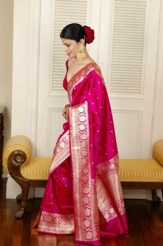 Enchanting Pink Kanjivaram Banarasi Soft Silk by Icultuer