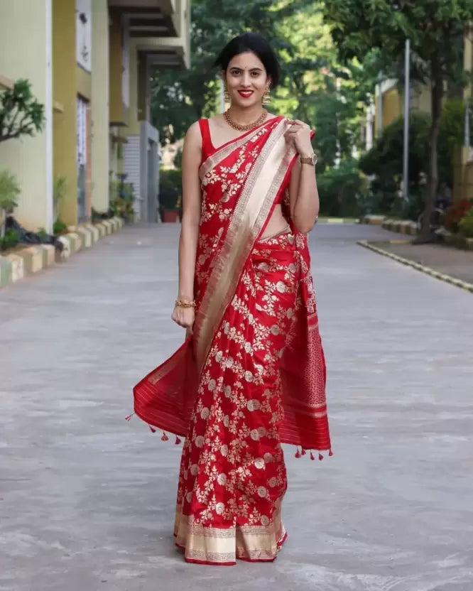 Red Heavy Zari Woven Banarasi Soft Silk Jacquard by Icultuer