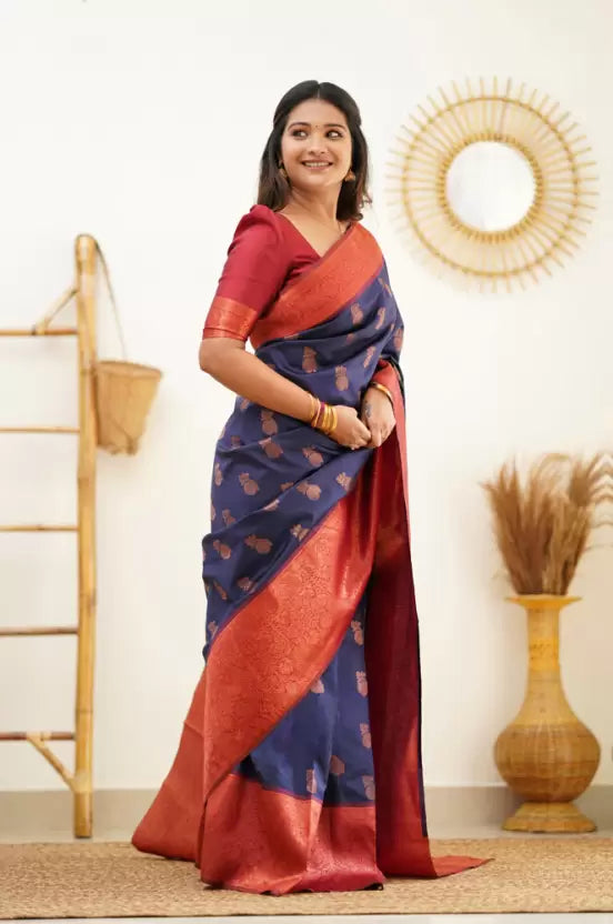 Woven Kanjivaram Jacquard, Pure Silk by Icultuer  (Dark Blue)
