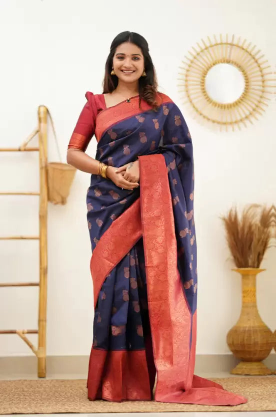 Woven Kanjivaram Jacquard, Pure Silk by Icultuer  (Dark Blue)