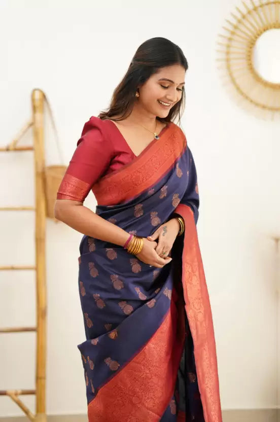 Woven Kanjivaram Jacquard, Pure Silk by Icultuer  (Dark Blue)