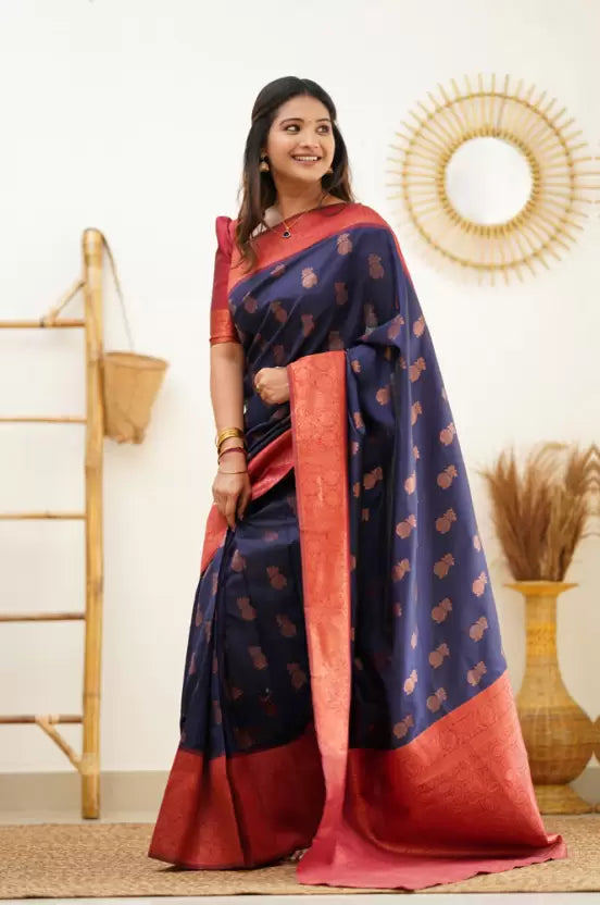 Woven Kanjivaram Jacquard, Pure Silk by Icultuer  (Dark Blue)