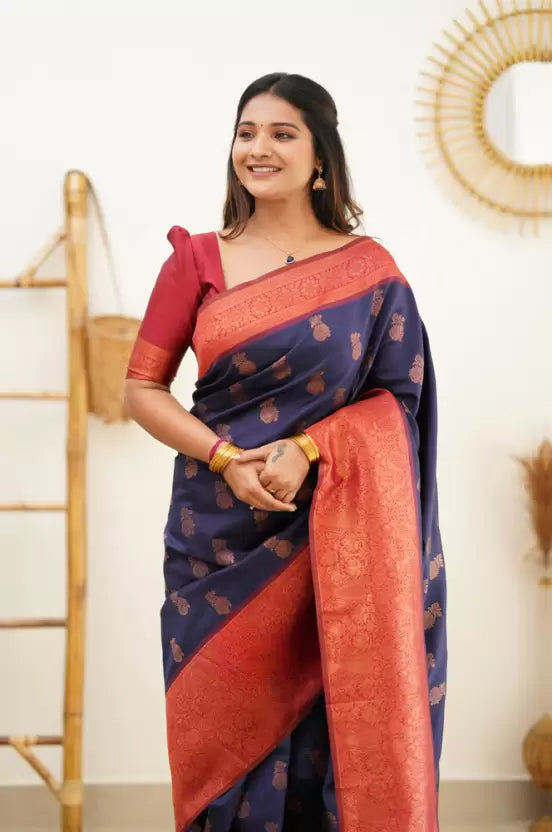 Woven Kanjivaram Jacquard, Pure Silk by Icultuer  (Dark Blue)