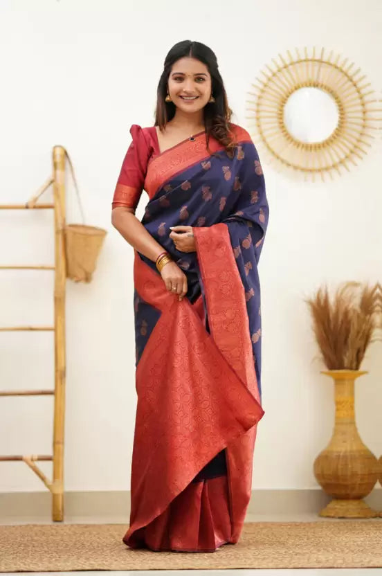 Woven Kanjivaram Jacquard, Pure Silk by Icultuer  (Dark Blue)