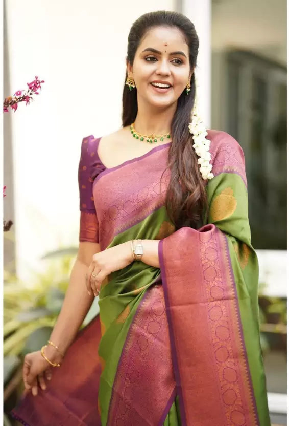 Green Zari Woven Kanjivaram Soft Silk South Indian by Icultuer