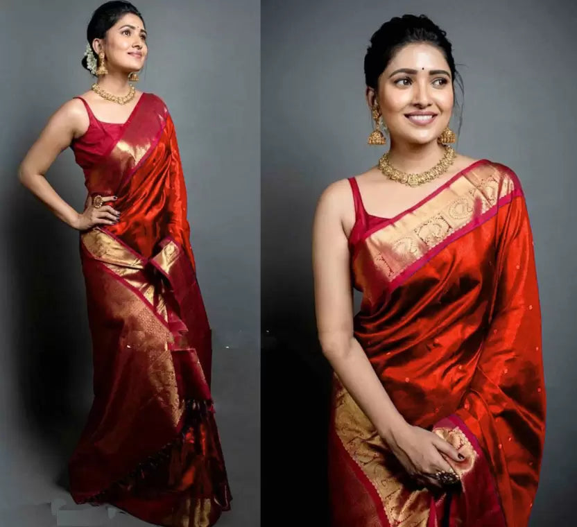 Woven Banarasi Jacquard by Icultuer  (Red)