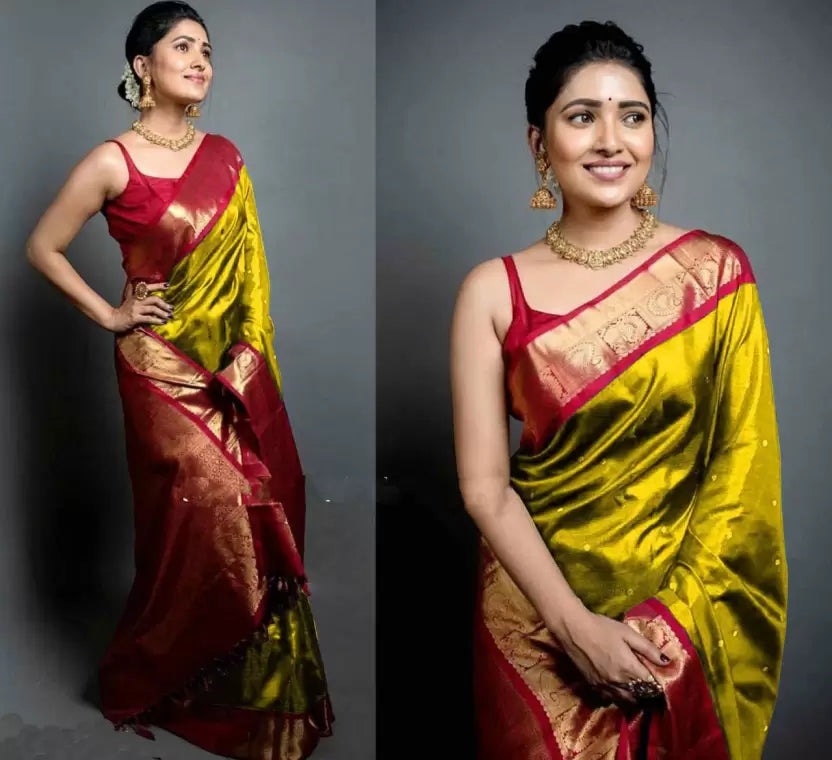 Woven Banarasi Jacquard by Icultuer  (Yellow)