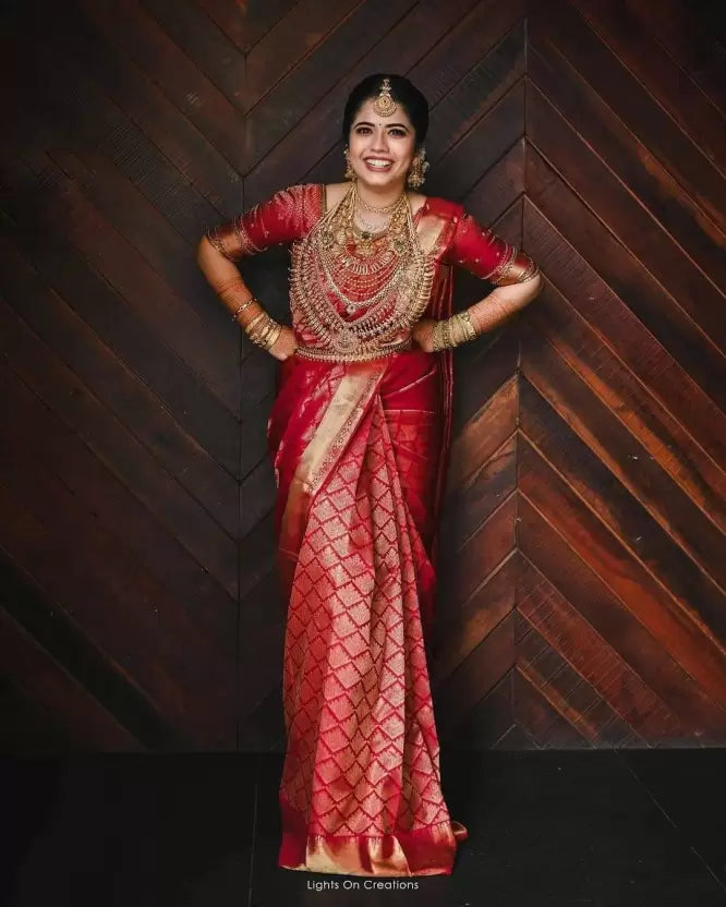 Red Zari Weaving Art Silk by Icultuer for Wedding