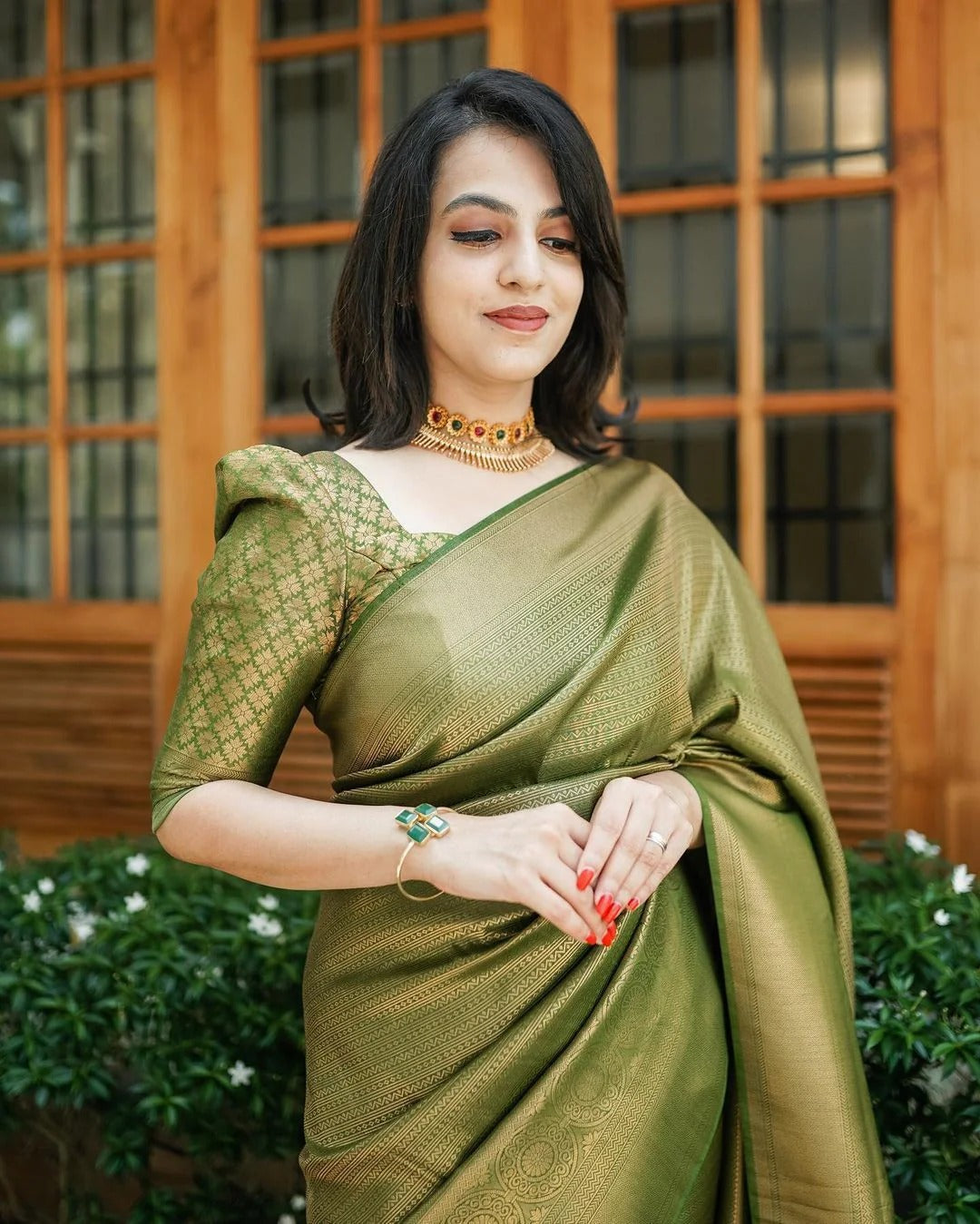icultural - Green Soft Silk Saree with Jacquard Border