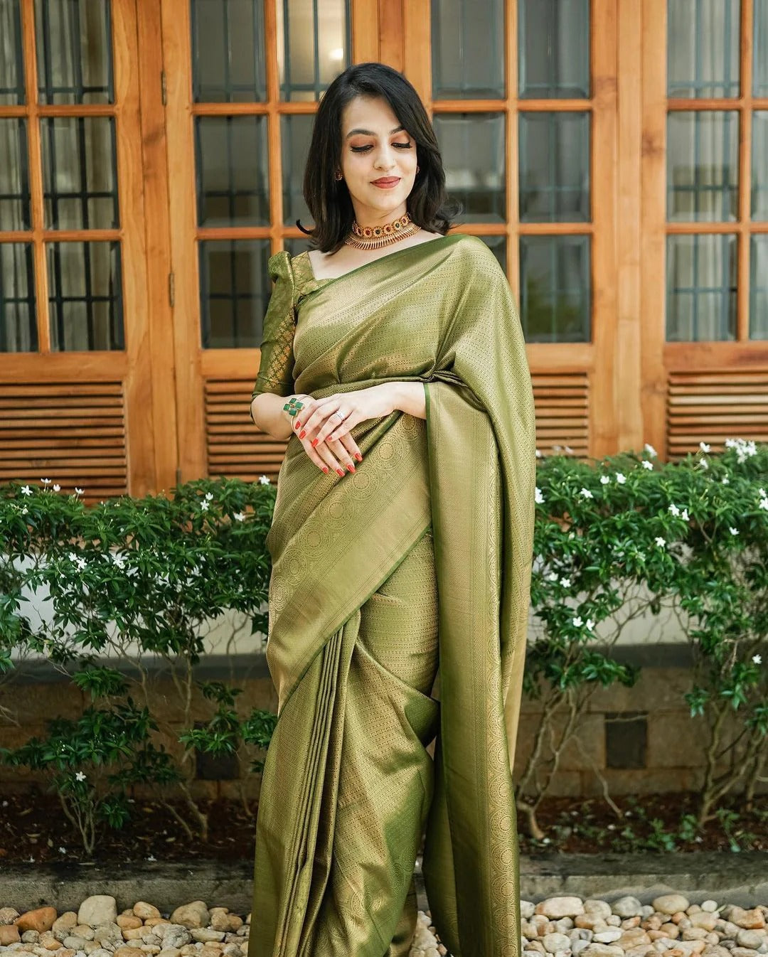 icultural - Green Soft Silk Saree with Jacquard Border