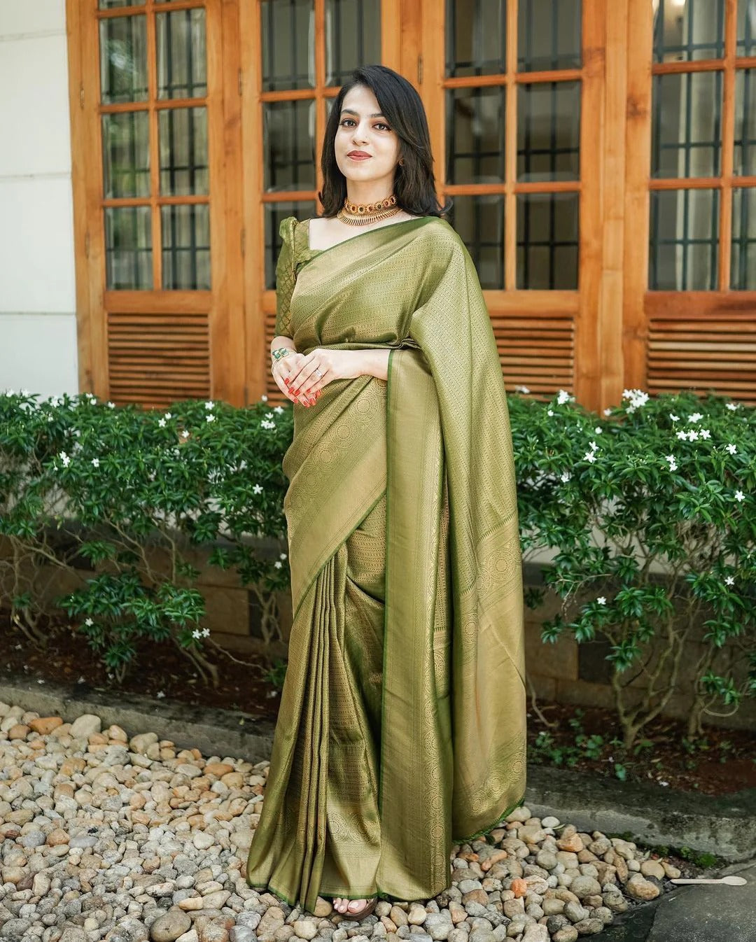 icultural - Green Soft Silk Saree with Jacquard Border