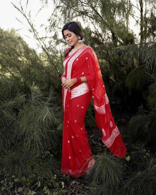 Red Soft Silk Saree with Subtle Jacquard and Matching Blouse