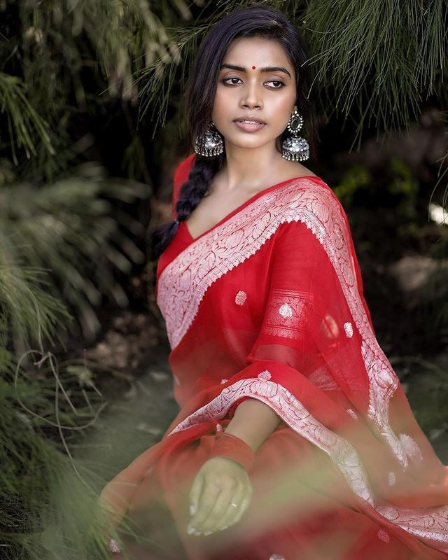Red Soft Silk Saree with Subtle Jacquard and Matching Blouse