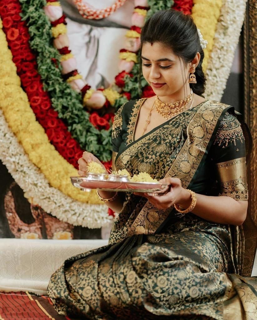 icultural - Dark Green Soft Silk Saree with Gold Jacquard Border and Matching Blouse