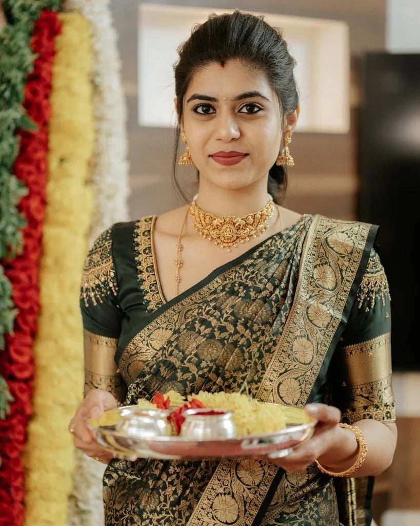 icultural - Dark Green Soft Silk Saree with Gold Jacquard Border and Matching Blouse