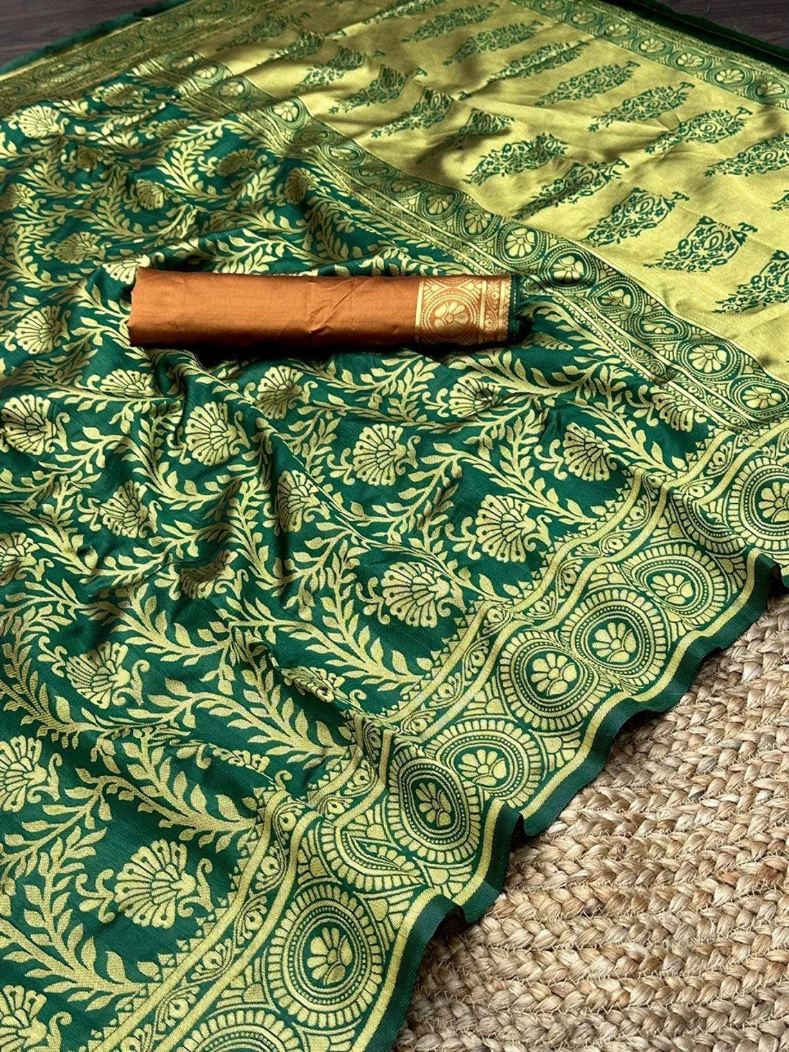 Dark Green Woven Design Soft Silk Banarasi by Icultuer