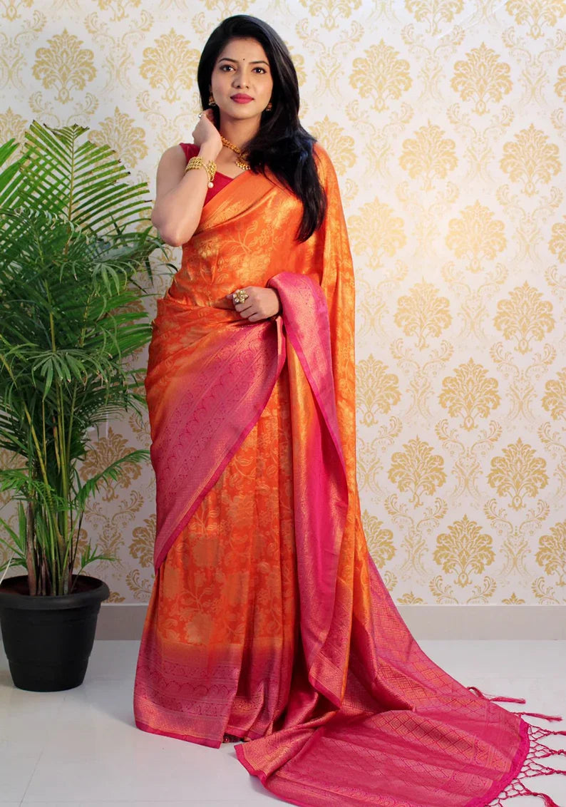 Orange Bollywood Pure Silk by Icultuer with Zari Weaving