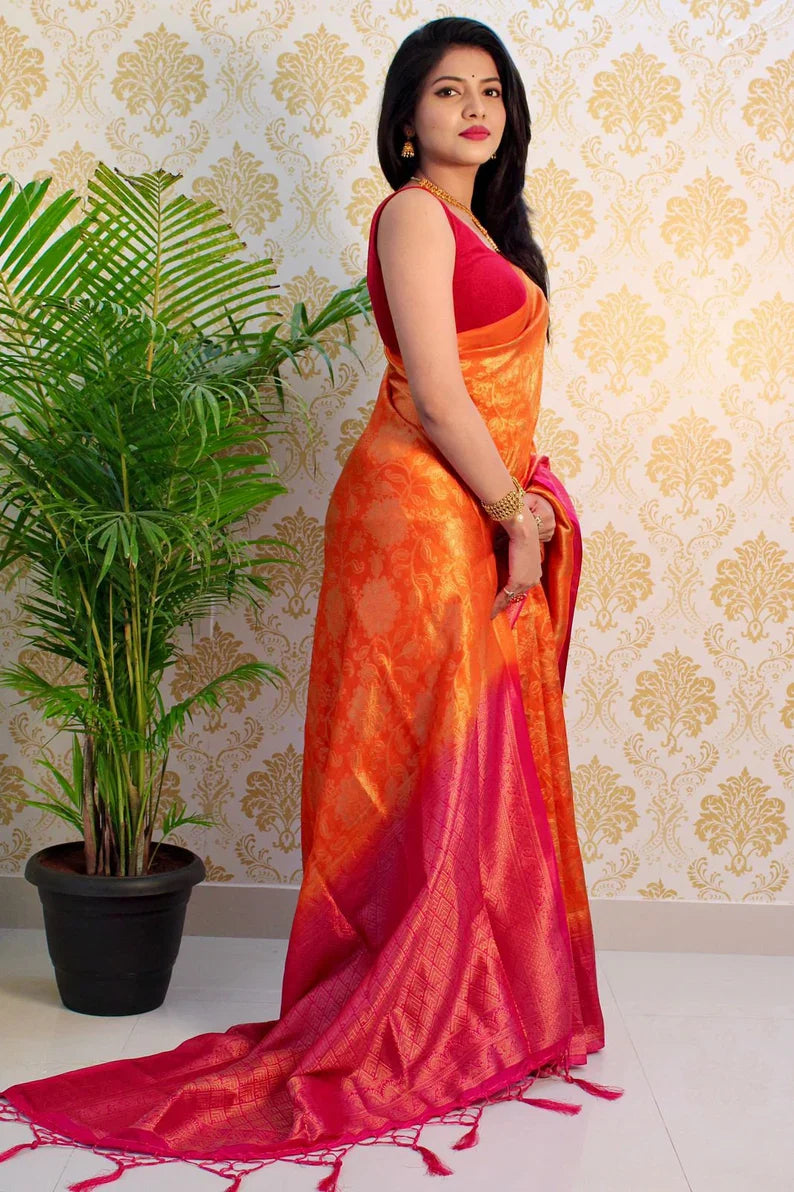 Orange Bollywood Pure Silk by Icultuer with Zari Weaving
