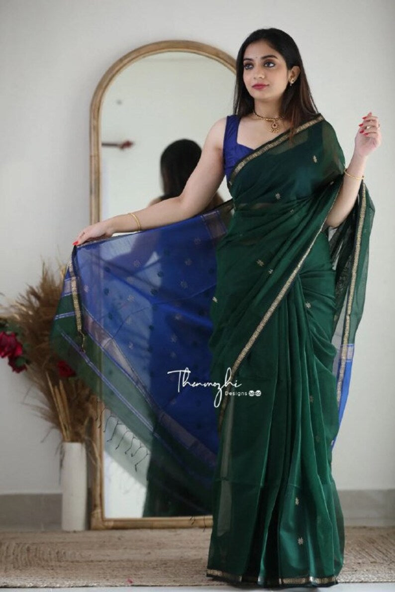 Green Attractive Zari Woven Soft Linen Cotton by Icultuer