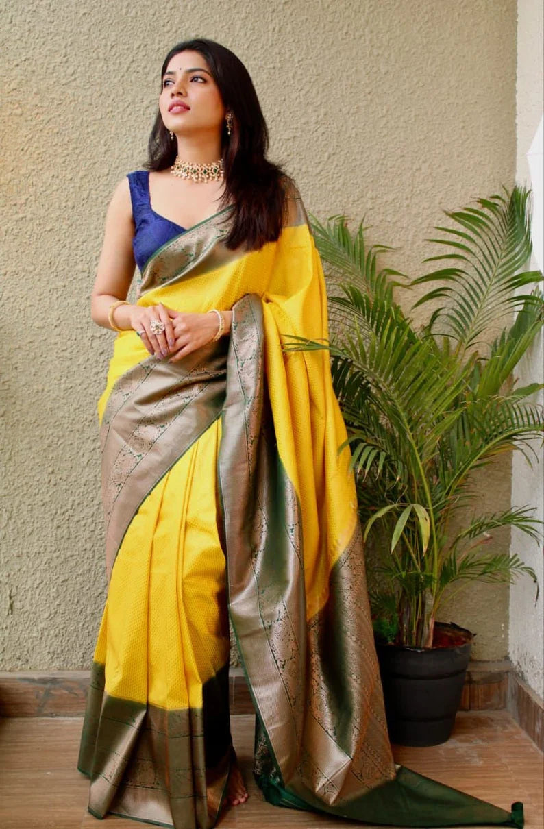 Yellow Banarasi Silk by Icultuer for Traditional Wear