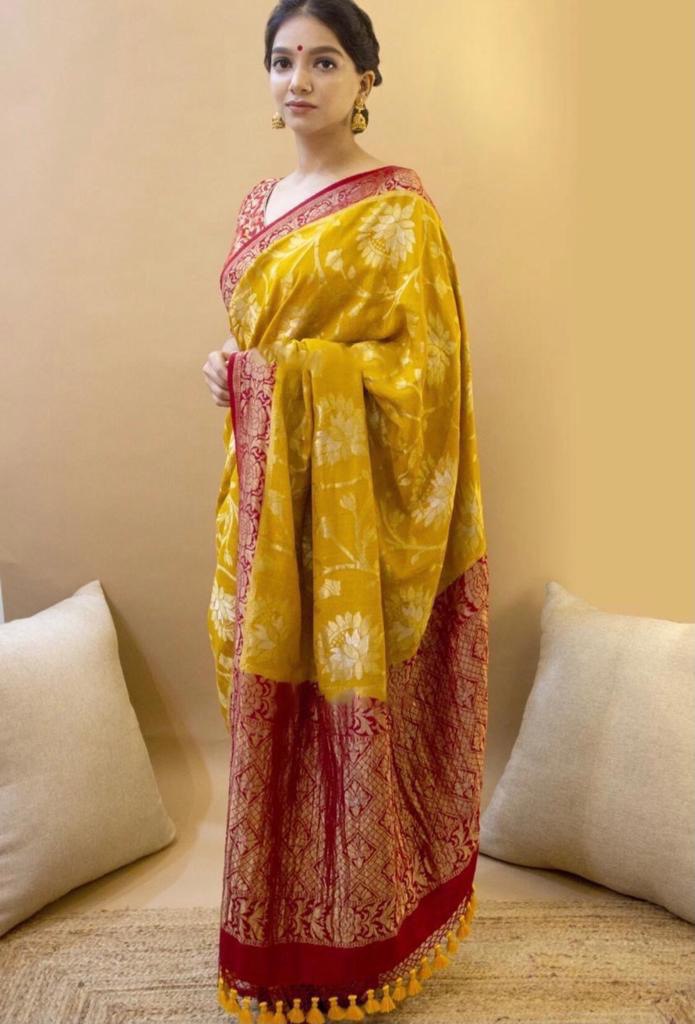 Yellow Printed Woven Design Kanjivaram Jacquard by Icultuer