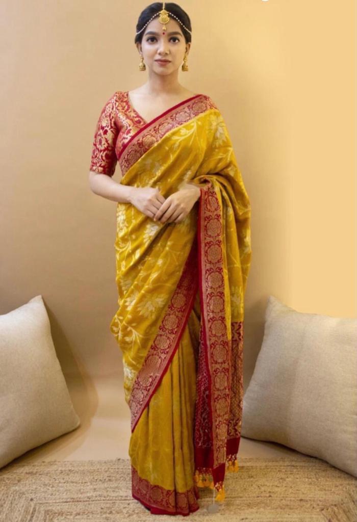 Yellow Printed Woven Design Kanjivaram Jacquard by Icultuer