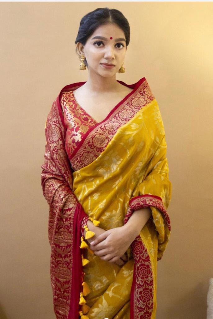 Yellow Printed Woven Design Kanjivaram Jacquard by Icultuer