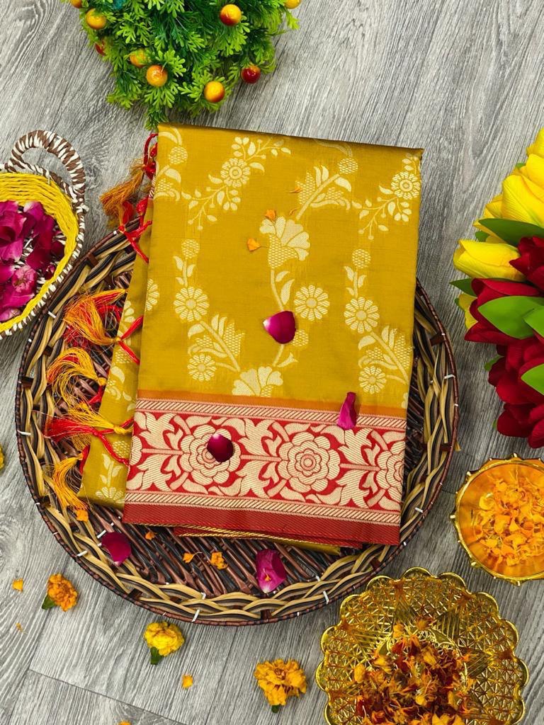 Yellow Printed Woven Design Kanjivaram Jacquard by Icultuer